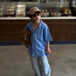 Kids' light blue short-sleeve casual shirt Boys' blue and white striped wide-leg pants