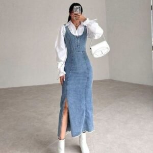 Denim Corset Midi Pinafore Dress